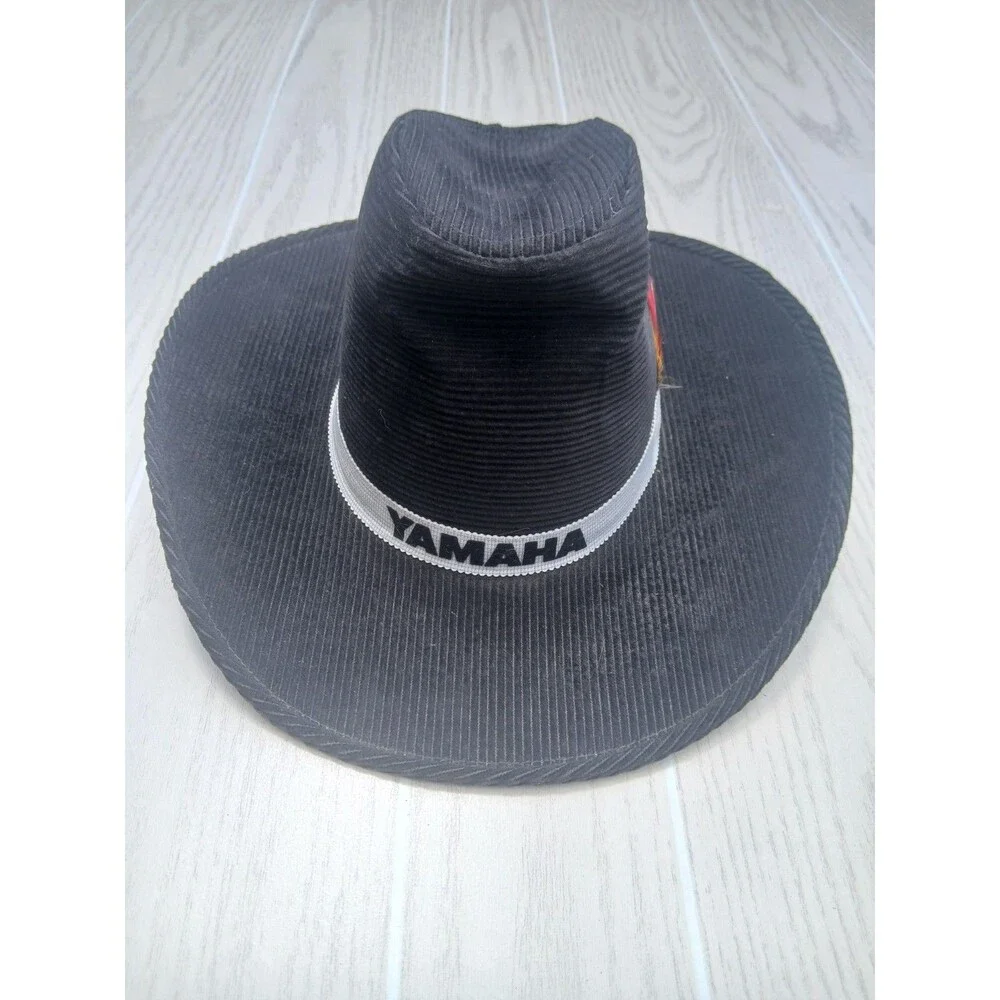 Vintage Yamaha Black Corduroy Cowboy Hat Feather Band- Size Small